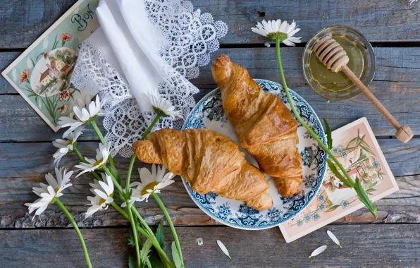 Picture flowers, chamomile, honey, croissants, cards