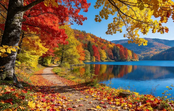 Picture trees, landscape, nature, autumn, lake, leaves