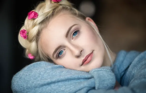 Look, flowers, close-up, face, pose, portrait, makeup, piercing