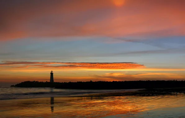 Sunset, reflection, lighthouse