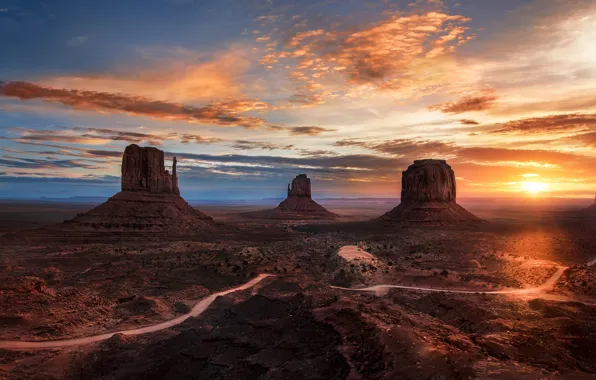 Road, the sun, light, rocks, desert, USA, Monument Valley