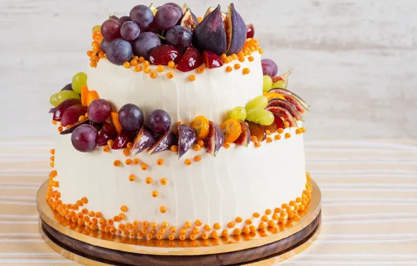 Picture decoration, grapes, cake, cream, dessert, sea buckthorn, figs
