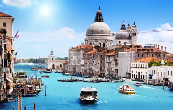 Sea, the sky, the sun, clouds, the city, boats, Italy, Venice