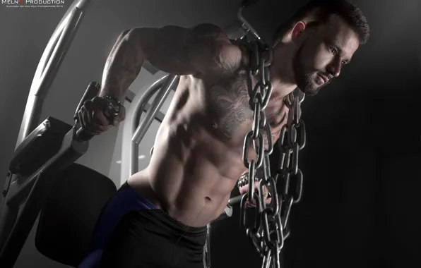 Pose, background, figure, tattoo, chain, guy, torso, trainer