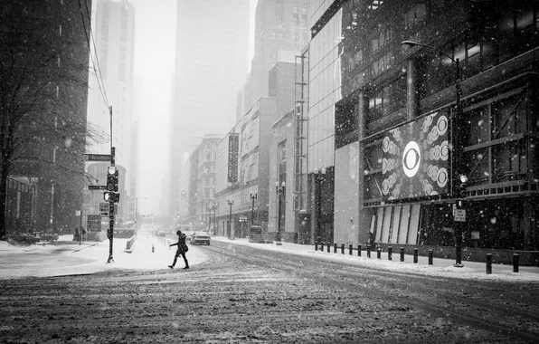 Winter, snow, the city, street, skyscrapers, Chicago, Il