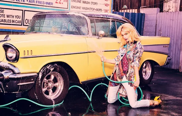Picture squirt, yellow, model, blonde, car, jet, photoshoot, hose