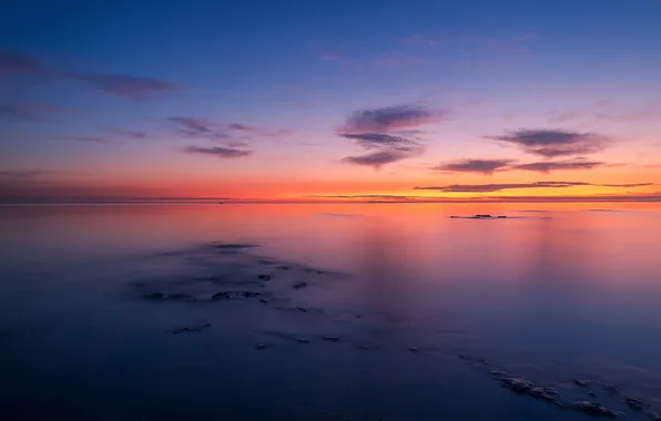 The sky, clouds, landscape, stones, the ocean, dawn, shore