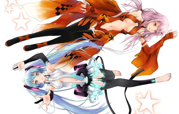 Girls, white background, vocaloid, hatsune miku, stars, guilty crown, inori yuzuriha