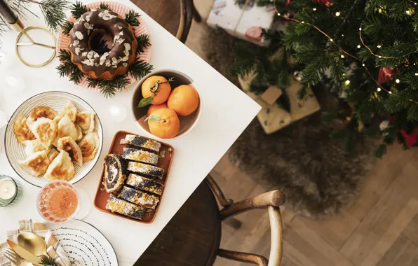 Table, Christmas, New year, herringbone, dessert, cupcake, cakes, roll