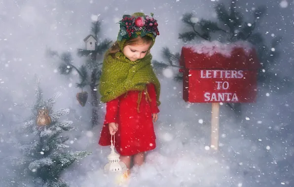 Picture winter, snow, Christmas, girl, lantern, herringbone, Inbox