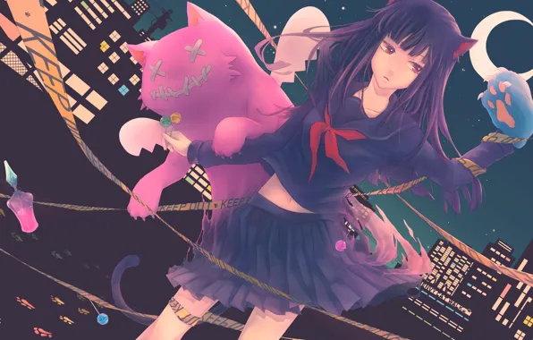 Girl, night, building, spirit, candy, cat's paw, potion