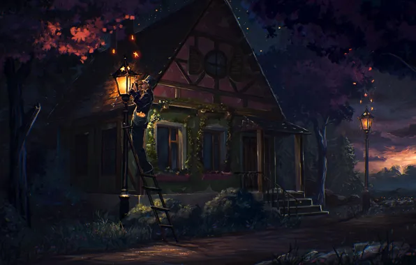 Sunset, house, tree, people, art, ladder, lantern