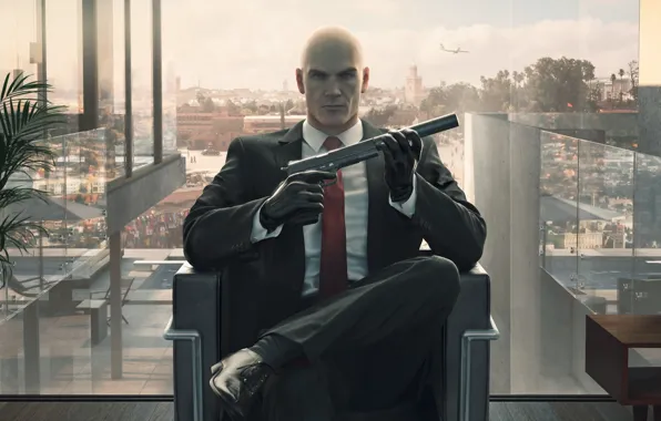Picture look, gun, chair, window, bald, tie, Hitman, agent