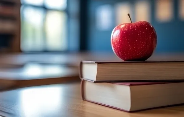 Autumn, table, red, study, books, Apple, window, Parta