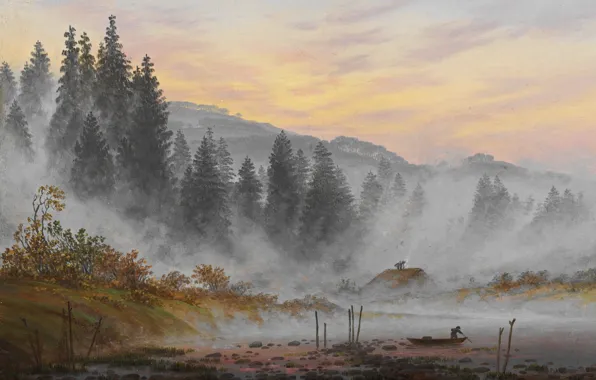 Trees, landscape, fog, house, boat, picture, Morning, Caspar David Friedrich
