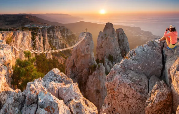 Picture sea, girl, the sun, landscape, mountains, bridge, nature, rocks