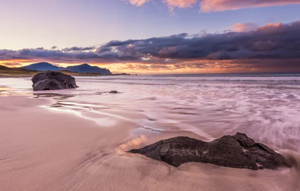 Sand, sea, wave, beach, the sky, clouds, landscape, mountains