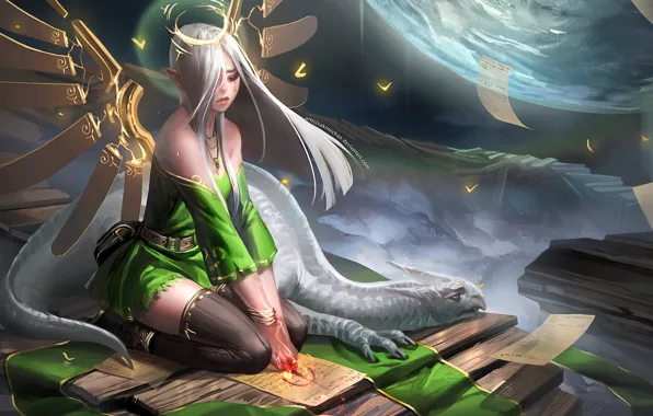Girl, dragon, elf, planet, wings, art, spell, ears