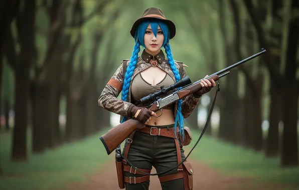 Forest, Asian, rifles, blue hair, AI art