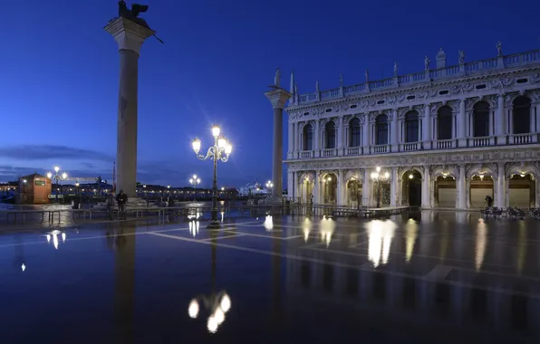 Night, lights, reflection, Italy, lantern, Venice, column, pizetta