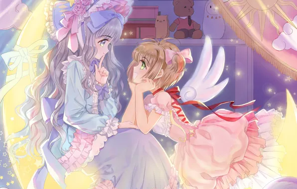 The sun, girls, wings, angel, a month, Card Captor Sakura, Sakura - collector cards