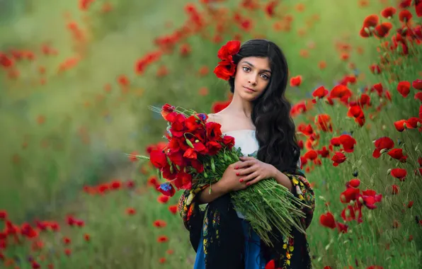 Summer, look, girl, Maki, bouquet, brunette, girl, long-haired