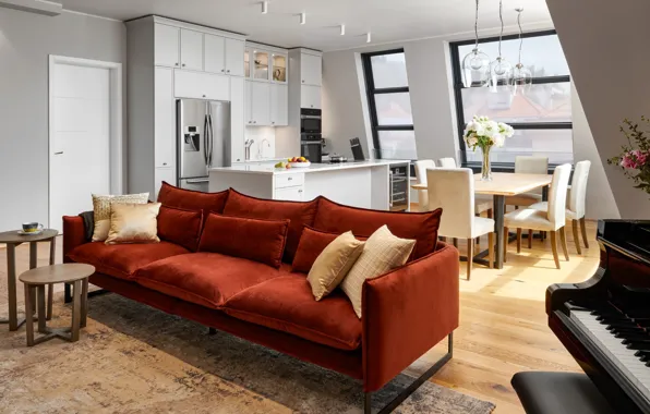 Design, style, interior, Prague, Czech Republic, piano, kitchen, living room