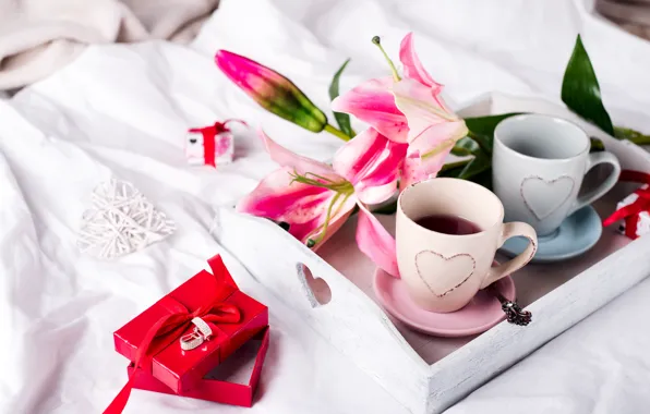 Flowers, gift, coffee in bed