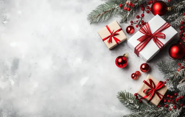 Balls, branches, Christmas, gifts, red, white background, New year, white