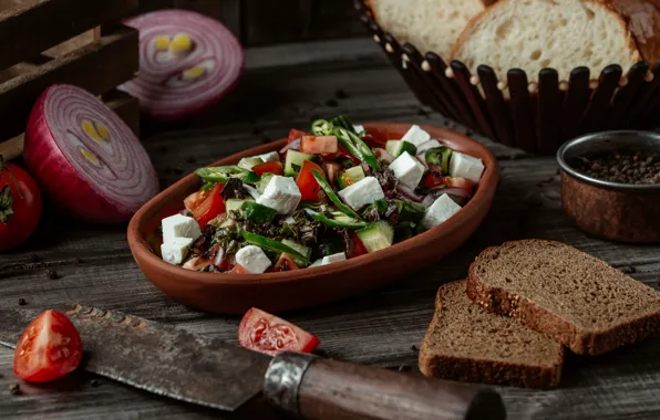 Cheese, bow, plate, bread, pepper, vegetables, tomatoes, cucumbers