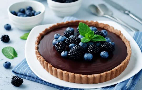 Berries, chocolate, blueberries, cake, cream, BlackBerry, sweet