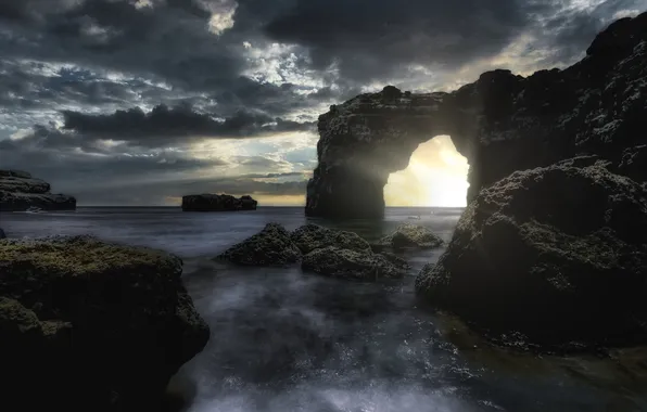 Sea, clouds, stones, rocks, arch, twilight