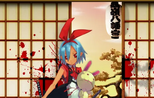 Picture blood, rabbit, lantern, red eyes, blue hair, arm, disgaea, pleinair