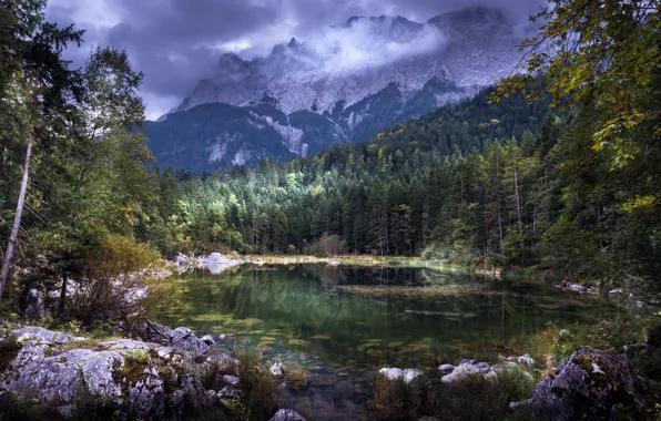 The sky, clouds, trees, mountains, clouds, nature, lake, rocks