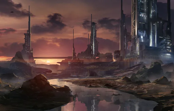 Picture sunset, the city, river, tower, art, Waqas Mallick