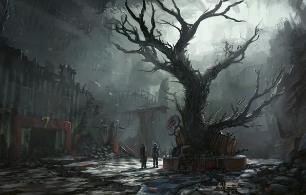 Tree, twilight, art, ruins, romance of the Apocalypse, romantically apocalyptic, vines