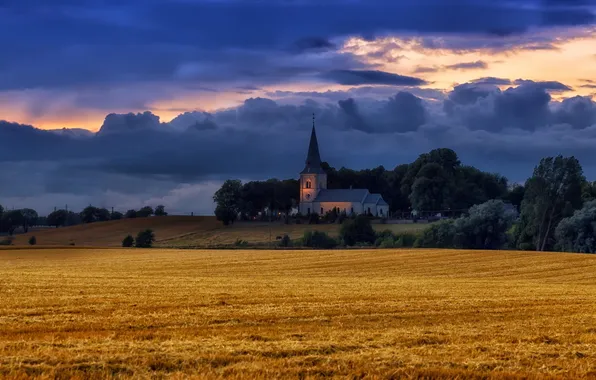 Field, landscape, the evening, temple