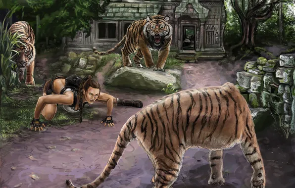 Picture animals, girl, the game, predators, tigers, lara croft, tomb raider, surround