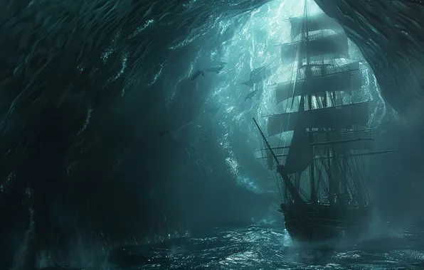 Sea, Ship, Wave, Sailboat, The portal, Digital art, AI art, The Art of Artificial Intelligence
