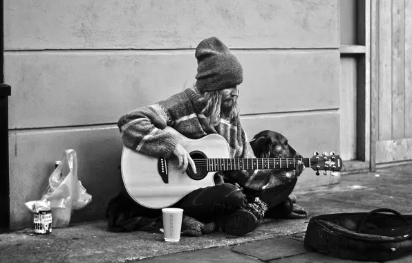 Picture street, people, guitar