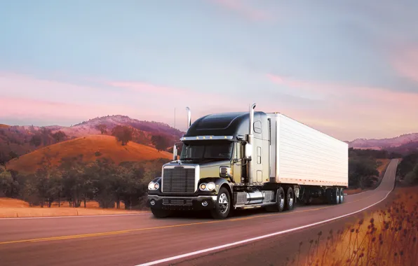 Road, trees, hills, track, truck, freightliner, tractor, the truck