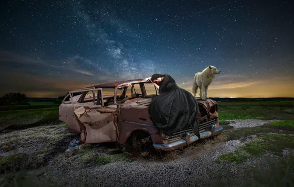Field, machine, the sky, girl, stars, night, loneliness, wolf