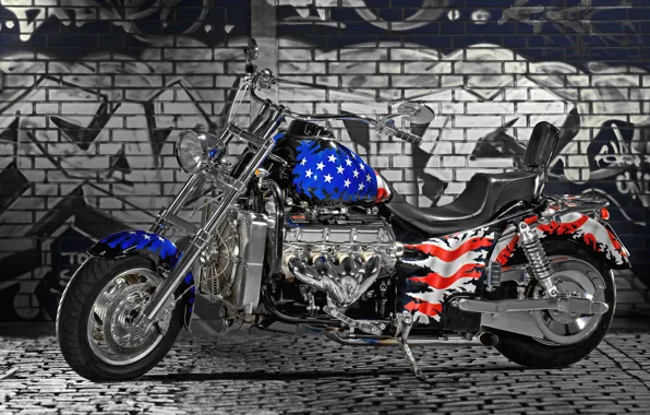 Wall, wheel, Motorcycle, american flag