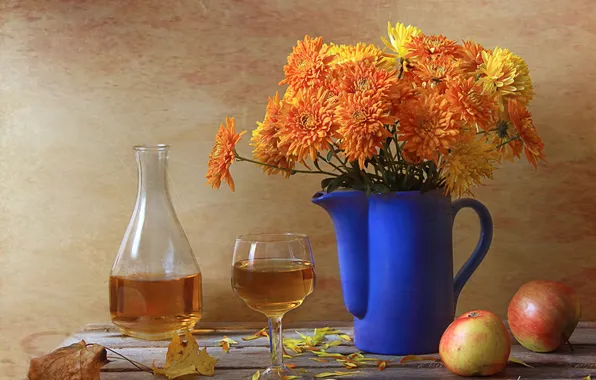 Autumn, apples, lake, drink, still life, chrysanthemum