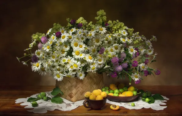 Summer, chamomile, clover, basket, apricots
