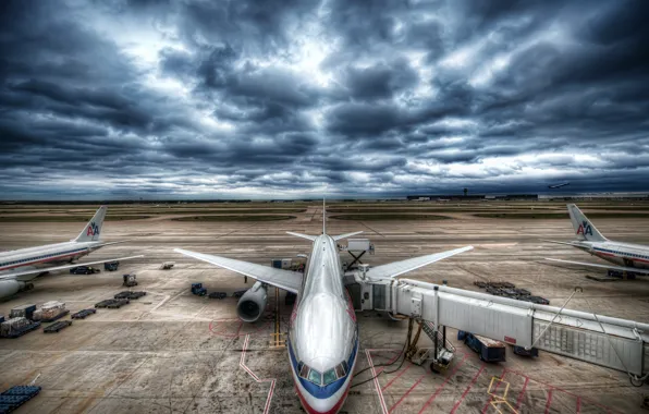 The sky, aviation, clouds, the plane, airport, stormy sky