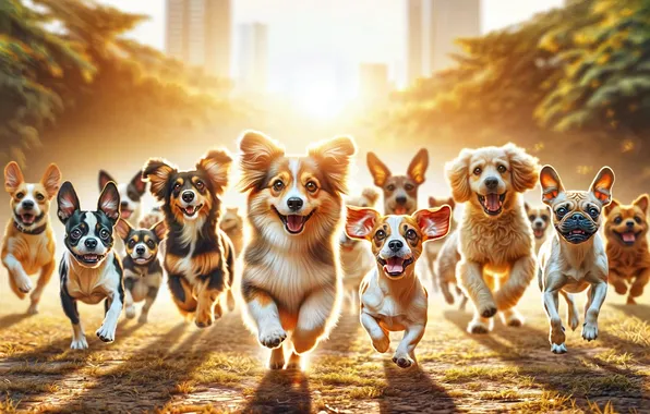 Dogs, the city, pack, run