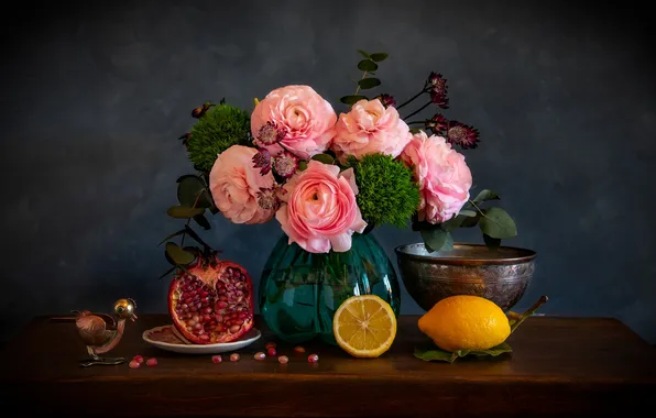Flowers, the dark background, table, bouquet, vase, pink, bowl, bird