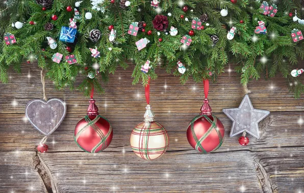 Decoration, balls, New Year, Christmas, Christmas, balls, wood, snow