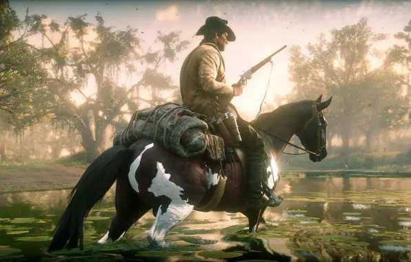 Picture hair, horse, hat, the gun, swamp, Rockstar, Bandit, Red Dead Redemption 2